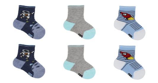 REF 39501A - Chaussettes Bébé Garçon Spationaute A Bleu Gris en Coton Peigné (6 paires)